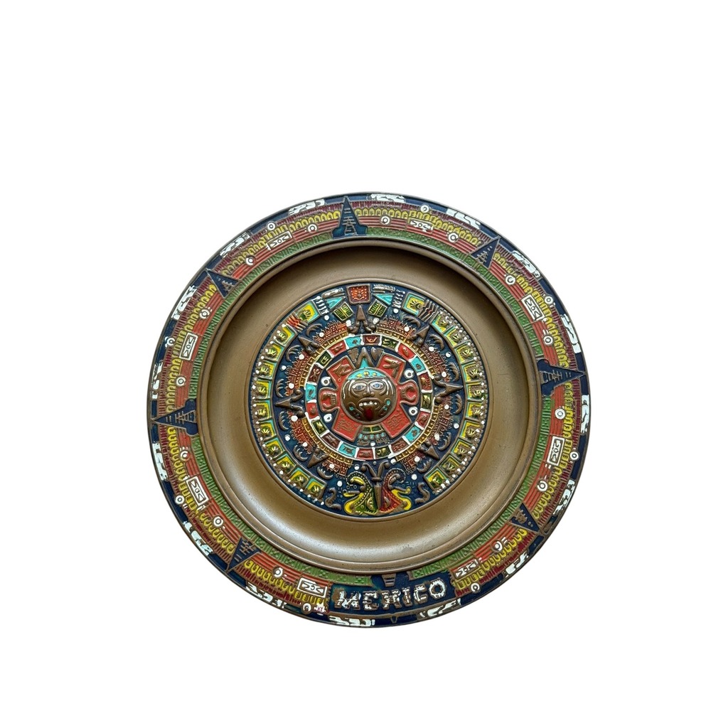 Vintage Mexico Aztec Sun Stone Brass‎ Wall Plate Hand Painted Enamel 8.5 Inch
